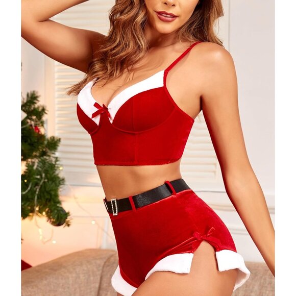 Women's Sexy Santa Doll Teddy Bra and Shorts Velvet Santa Costume Set with Belt - Picture 3 of 6